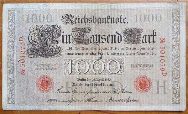 1910 Old German Banknote, 1000 Mark, Red Seal, #501079D