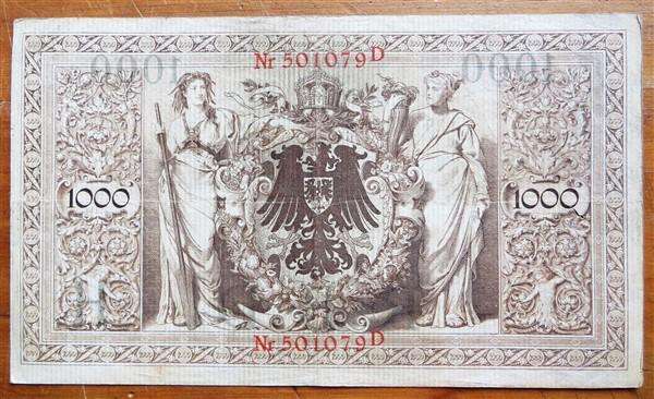 1910 Old German Banknote, 1000 Mark, Red Seal, #501079D