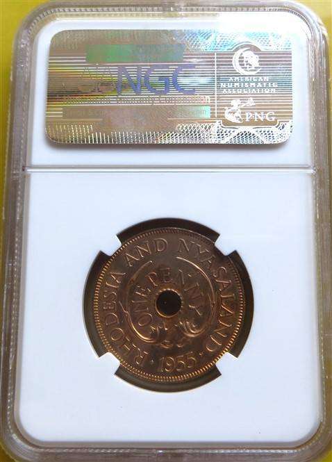 1955 Southern Rhodesia 1d Penny NGC PF65RB - Scarce