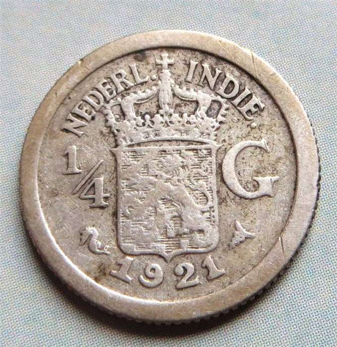 1921 Netherland Indies 1/4 Gulden Silver Coin