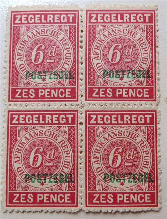 Transvaal 6d Revenue Postzegel Overprint for Postal - Block 4