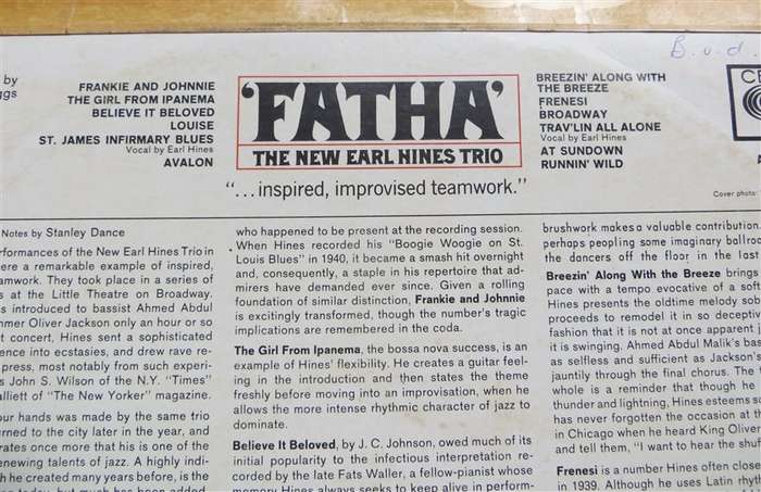 Fatha - The New Earl Hines Trio - Vintage Vinyl LP VG