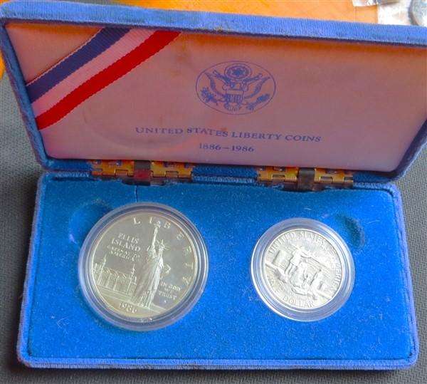 1886 - 1986 USA Liberty Coin Set in Box - Silver $1 + Half Dollar