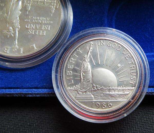 1886 - 1986 USA Liberty Coin Set in Box - Silver $1 + Half Dollar