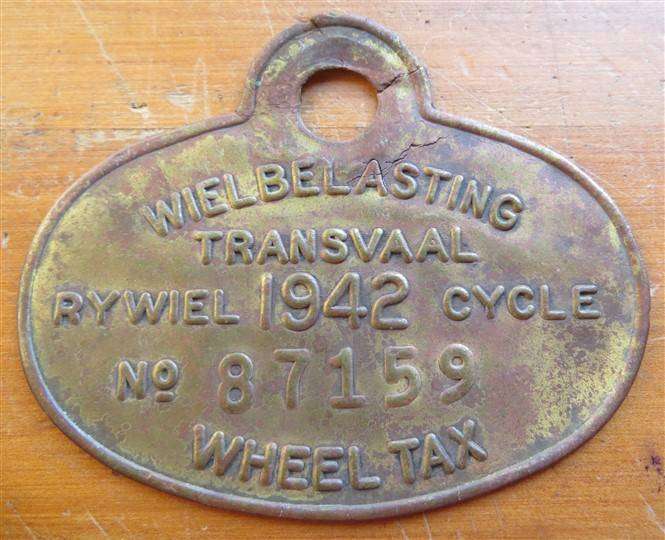 1942 Transvaal Wheel Tax Token - Bicycle # 87159