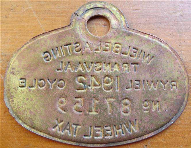 1942 Transvaal Wheel Tax Token - Bicycle # 87159