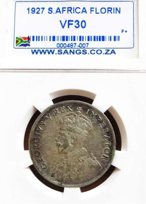 1927 SA VF30 SANGS Silver 2 Shilling Graded