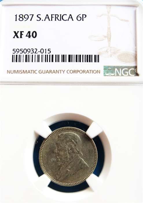 1897 ZAR 6d Sixpence Silver NGC XF40 Graded