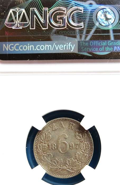 1897 ZAR 6d Sixpence Silver NGC XF40 Graded