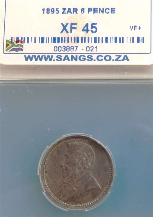1895 ZAR 6d Sixpence Silver SANGS XF45 Graded