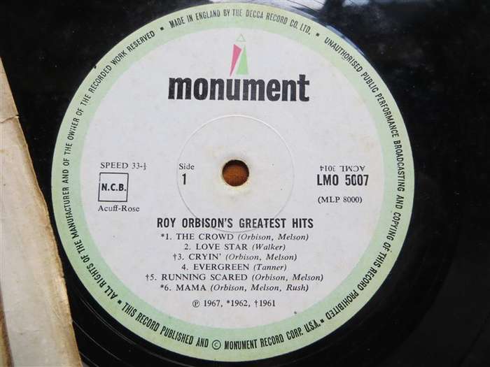 Roy Orbison's Greatest Hits - Vintage Vinyl LP - VG