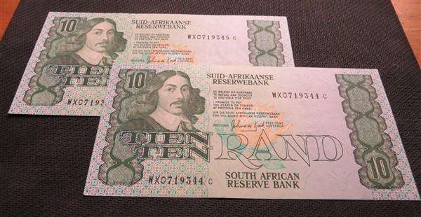 2 x  SA GPC De Kock Replacement R10 (WX) Notes in Sequence - Bid Per Note