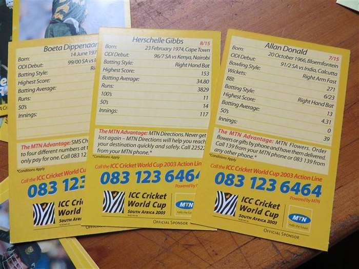 15 x 2001 ICC Cricket World Cup Player Cards