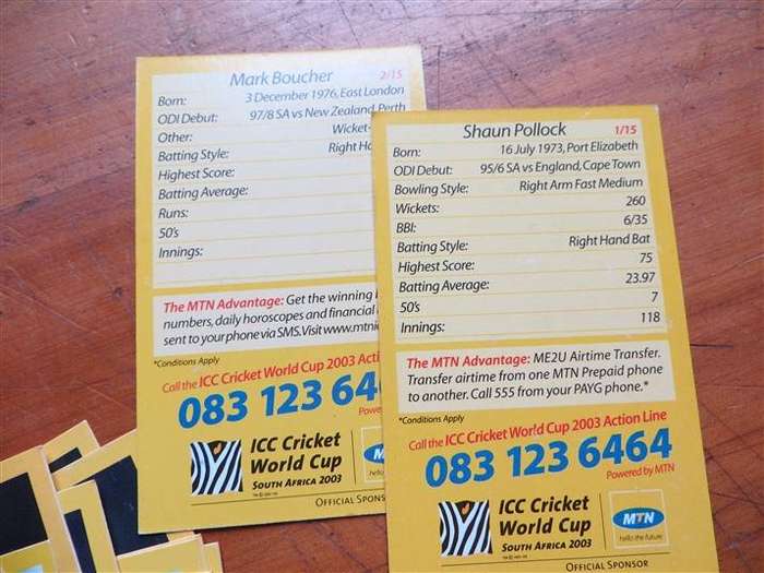 15 x 2001 ICC Cricket World Cup Player Cards