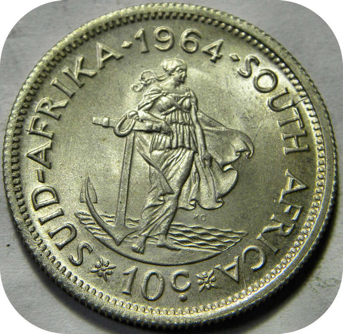 Top Grade RSA: Two 1964 van Riebeeck 10c Shillings in Brilliant UNC below R200!  Bid per coin.