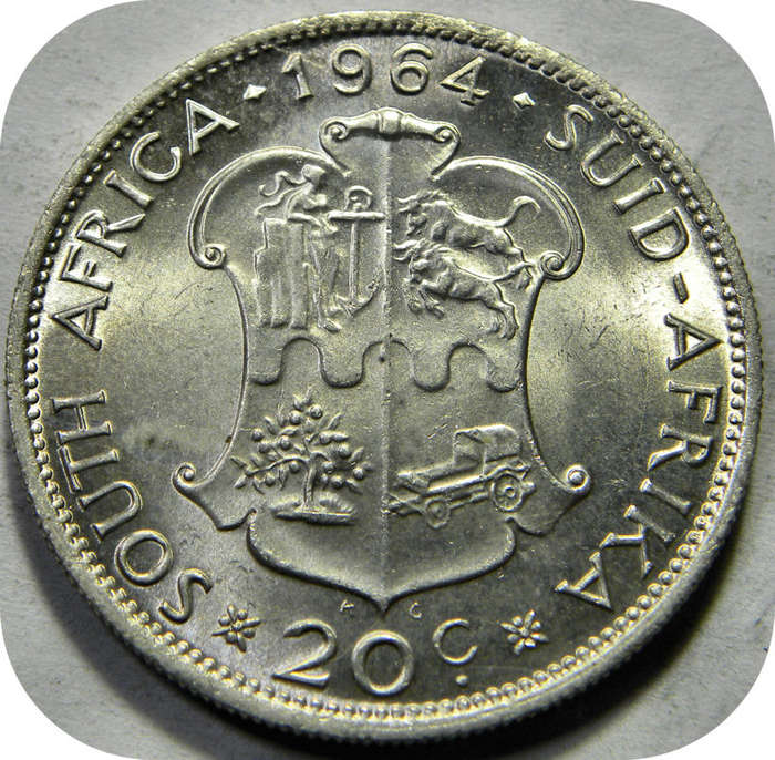 RSA silver:  1964 van Riebeeck 20c in Brilliant UNC!  Two Specimens available!