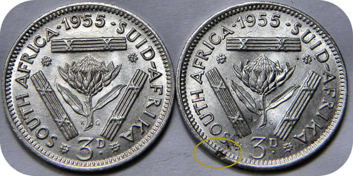 Top Grade SA Union: RARE 1955 tickeys 3d in Brilliant UNC!!  Two Die Crack specimens!
