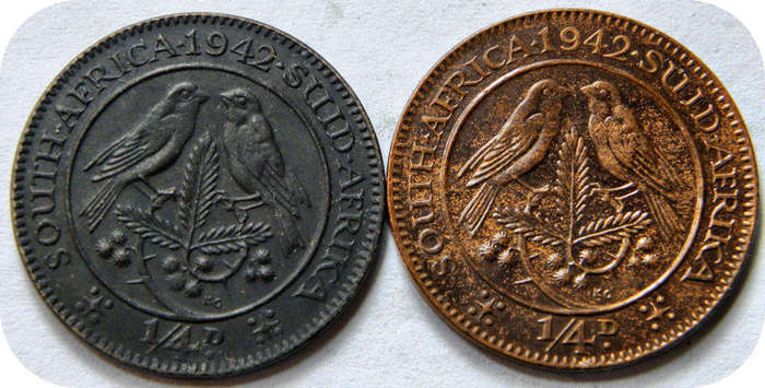  Rare SA Union:  1942 Black & Yellow  Farthings 1/4d!  Bid per coin to take both. 