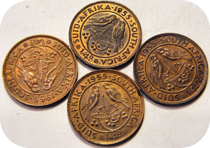 Top Graad SA Unie: 4 x 1955 1/4d in A/UNC onder R40!  Bie per munt.