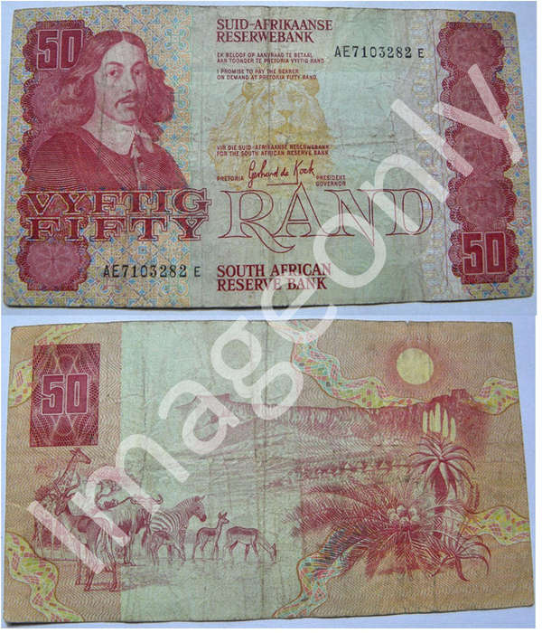 RSA R50 De Kock note.  1984.  AE710E*** creasefolds F+