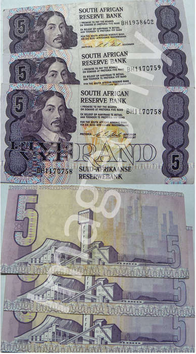 Top Grade R5 x3 Chris Stals RSA 1990 notes. BH117*** UNC in my opinion. Bid per note to take all.