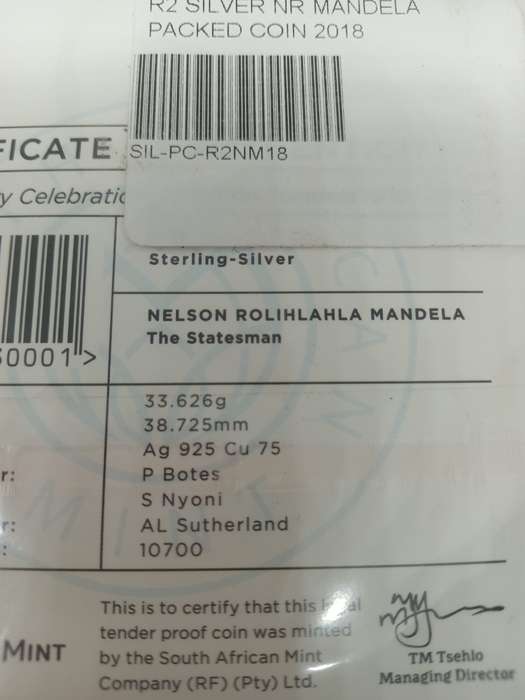 Proof 2018 Nelson Mandela 1 Onz Silver R50 Coin. Sealed