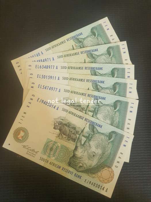 Six 1993 C Stals 2nd Issue Afr/Eng Ten Rand Banknotes (EJ) Buy now per note.
