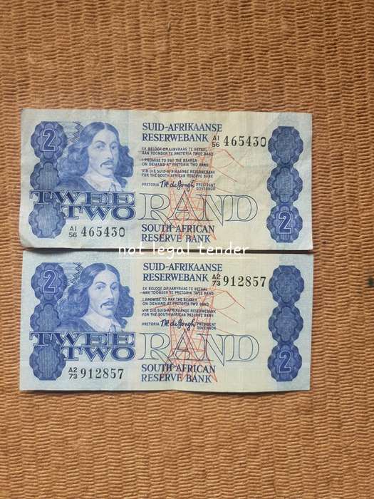 1978 Tw De Jongh 4th issue Afr/Eng Two Rand Banknotes (A1A2)