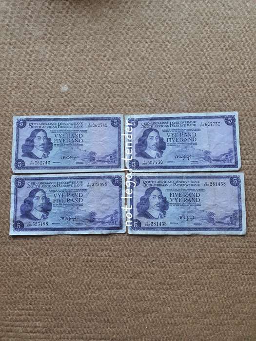 Four 1974 TW de Jongh 2nd Issue Afr/Eng Five Rand Banknotes. (D20/123)