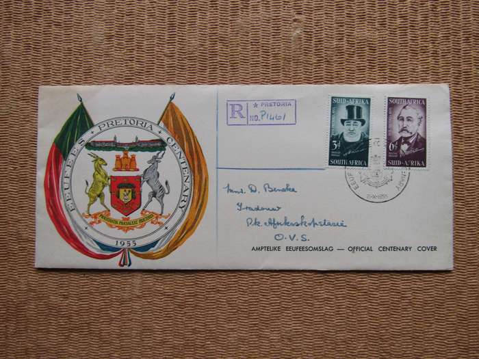 Eeufees Pretoria Centenary 1855 to 1955 FDC. Bid per FDC