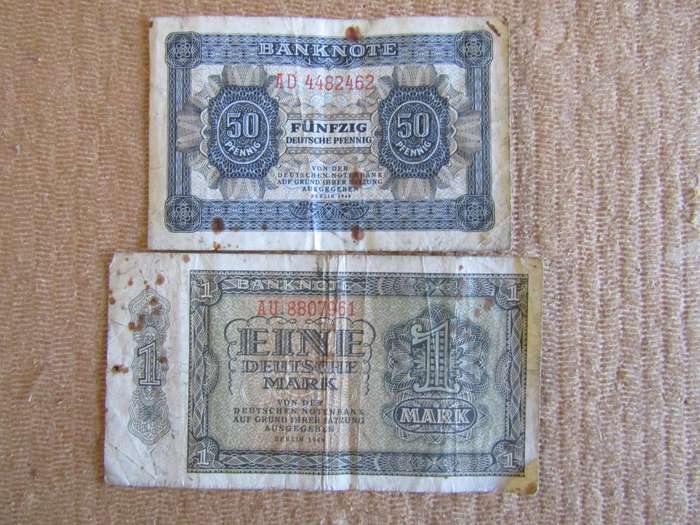 1948 Berlin Issue 50 Funfzig and 1 Mark banknotes