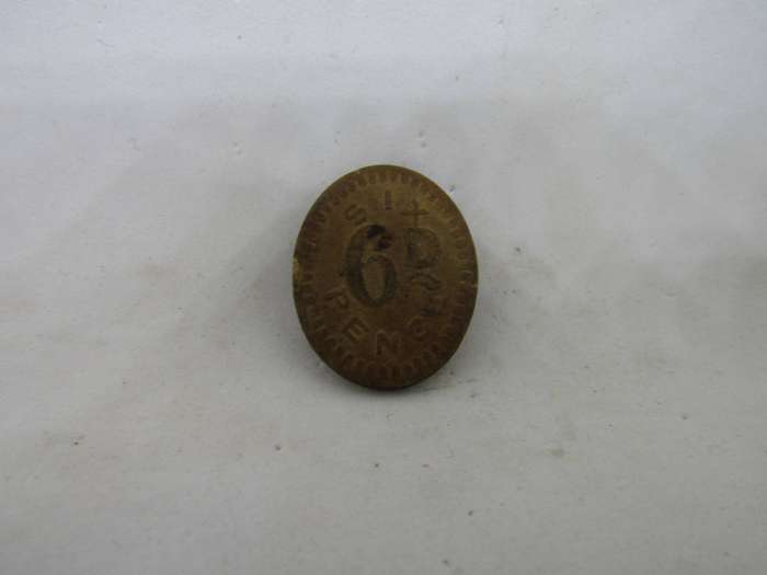 Rare Interment Camp Sixpence Token. Most destroyed.