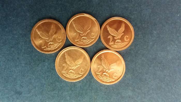 South Africa 1991, 1993, 1994, 1995, 1996 2 cent * 5 x coins* Condition AU