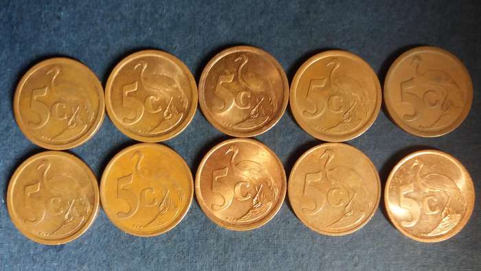 South Africa 1990, 1991, 1992, 1993, 1994, 1995, 1996, 1997, 1998 & 1999 5c * 10 x coins