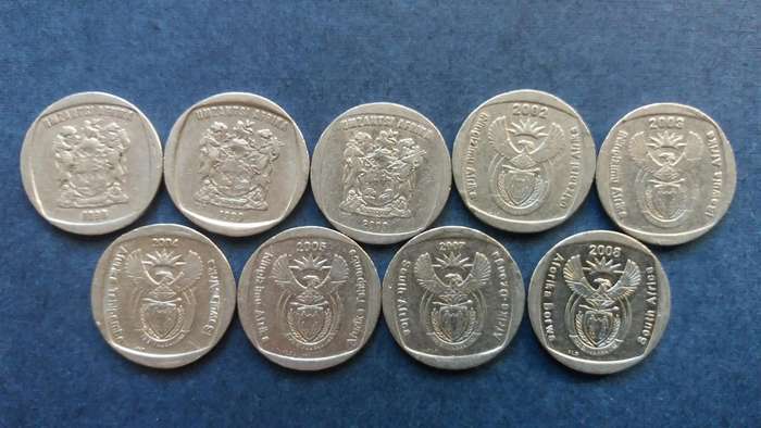 South Africa 1998, 1999, 2000, 2002, 2003, 2004, 2005, 2007 & 2008 R2 * 9 x coins*