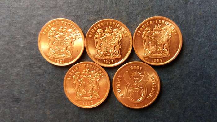South Africa 1997, 1998, 1999, 2000 & 2001 2 cent *5 x coins*