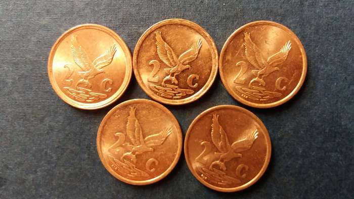 South Africa 1997, 1998, 1999, 2000 & 2001 2 cent *5 x coins*