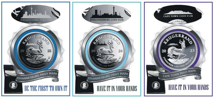 *#*2023/2024/2025 Silver Proof 1oz Krugerrands with Cape Town & Johannesburg Coin Fair Mint marks*#*