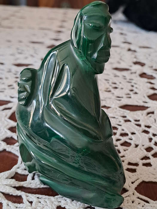 vintage Malachite statue quite unusual possibly mother with baby on back