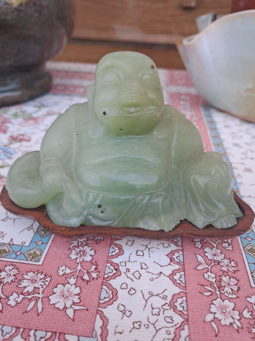 Chinese jade stone laughing buddha on wood base