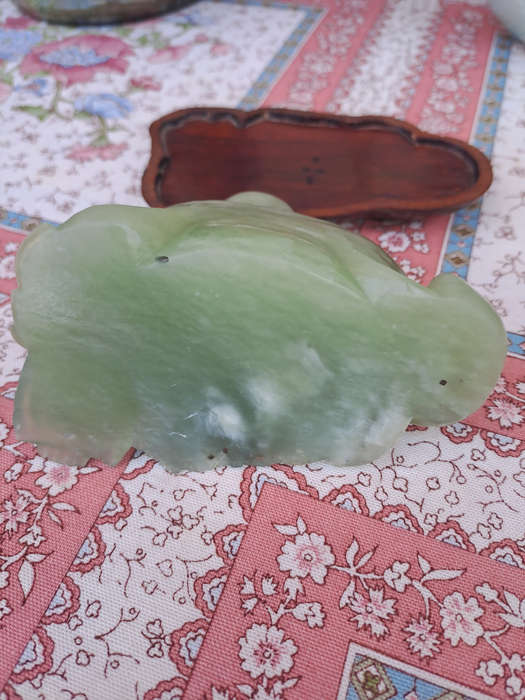 Chinese jade stone laughing buddha on wood base