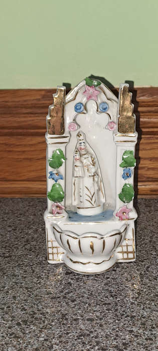 Vintage Catholic holy water fountain porcelain