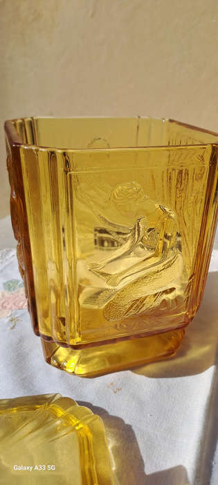 Pair Sowerby Art Deco 1930's Amber Glass Pandora's Box cookie jars