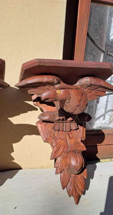 Rare Late 19th Century Victorian Hand Carved Oak American War Eagle Pair Wall Shelf Sconces