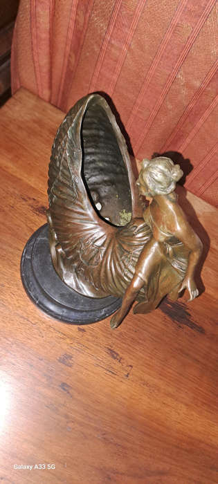 Bronze Art Nouveau Lady  sitting on a Nautilus shell vessel with waves 30cm