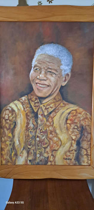 Large canvas oil painting Hon Nelson Mandela after incarceration signed Andre'