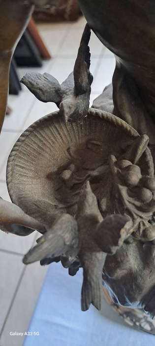 Louis & François Moreau, 'Premier Fruit', patinated spelter clock, H 52 cm
