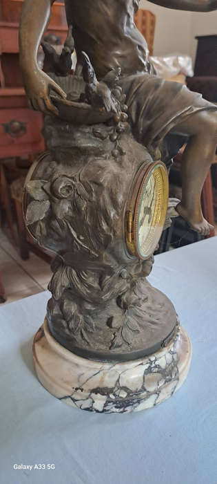 Louis & François Moreau, 'Premier Fruit', patinated spelter clock, H 52 cm