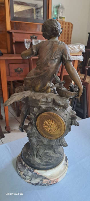 Louis & François Moreau, 'Premier Fruit', patinated spelter clock, H 52 cm
