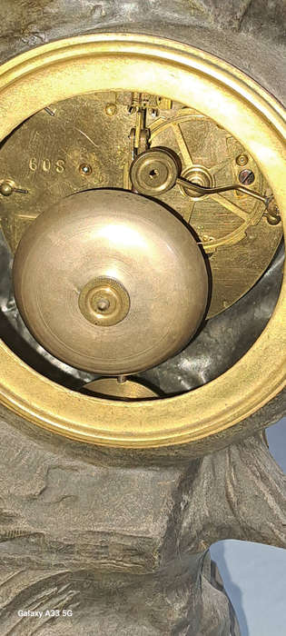 Louis & François Moreau, 'Premier Fruit', patinated spelter clock, H 52 cm